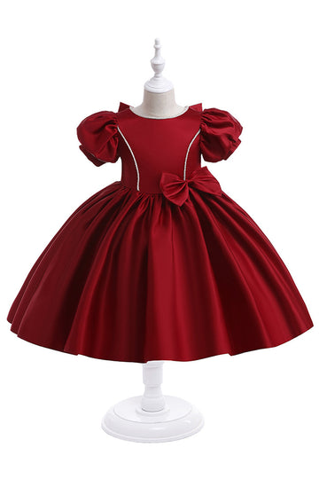 Burgundy Satin Girl Dress with Bow